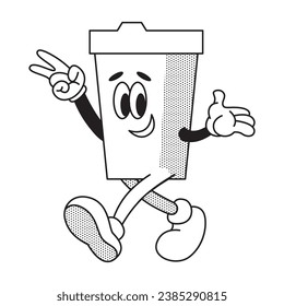 Retro cartoon cup of coffee character goes happy. Mascot design outline. Coffee to go concept. Vintage drink illustration. Latte, cappuccino. Vector illustration isolated on white background