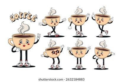 Retro cartoon cup of coffee character set, different poses and angles. Groovy funky comic mascot with happy smiling face collection. 60s, 70s, 80s hippie psychedelic vector illustrations.
