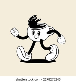 Retro cartoon cup of coffee mascot. 1930s style cup of coffee character.  Funny coffee cup. Vector cartoon illustration.