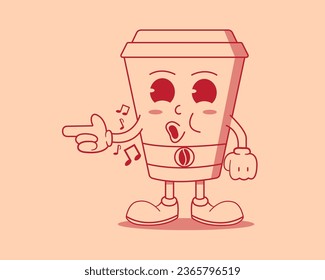 Retro cartoon cup of coffee whistle. Mascot design template. Vector illustration