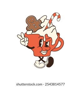 A retro cartoon cup of hot chocolate with marshmallows and a candy cane, designed as a Christmas mascot character