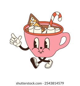 Uma xícara de desenho animado retrô de chocolate quente com marshmallows e uma bengala de doces, projetado como um personagem mascote de Natal