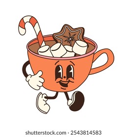 A retro cartoon cup of hot chocolate with marshmallows and a candy cane, designed as a Christmas mascot character