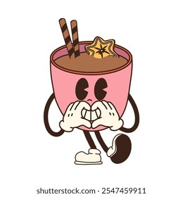 A retro cartoon cup of hot chocolate with marshmallows and a candy cane, designed as a Christmas mascot character