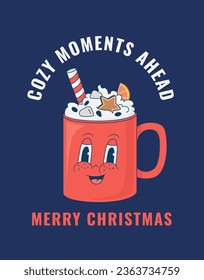 Retro cartoon cute Christmas coffee cup character poster. Vintage cappuccino mascot vector illustration. Decoration, postcard, print for cafeteria, bar