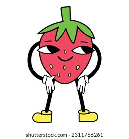 Retro cartoon cute dude strawberry. Vibrant cartoon funky character 90s vibe