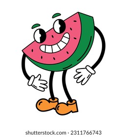 Retro cartoon cute dude watermelon character. Trendy funky retro style cartoon watermelon 