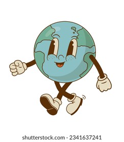 Retro cartoon cute Earth globe character mascot vector illustration. Save the planet. Environment day. Green vibes 