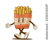 Retro cartoon cute french fries character. Vintage fast food mascot vector illustration. Nostalgia 60s, 70s, 80s