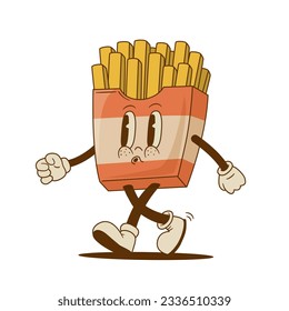 Retro cartoon cute french fries character. Vintage fast food mascot vector illustration. Nostalgia 60s, 70s, 80s