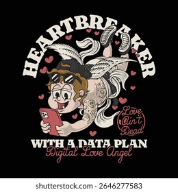 retro cartoon cute punk angel mascot holding smartphone