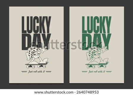 retro cartoon design featuring a chill dice character on a skateboard, fun and playful graphic for t-shirt, posters, and streetwear