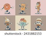 Retro cartoon dessert  and beverage characters vector illustration. Vintage donut, soda can, coffee, latte, ice cream, bubble tea mascot. Funny sweet food and drink set