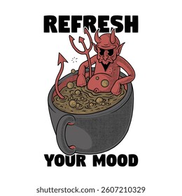 Retro Cartoon Devil Chilling in Coffee Cup