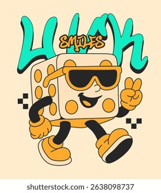 Retro Cartoon Dice Mascot. Vintage Motivational Poster with Luck Smiles Quote for T-Shirt or Wall Art