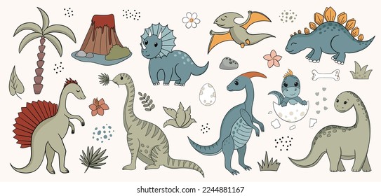 Retro cartoon dinosaur or dino vector set