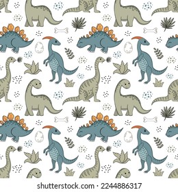 Retro cartoon dinosaur or dino vector seamless pattern