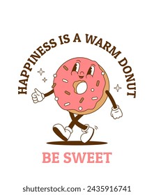 Retro cartoon donut character vector illustration. Vintage bakery mascot. Funny sweet food