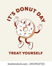 Retro cartoon donut character vector illustration. Vintage National Donuts day poster. Funny bakery mascot. 