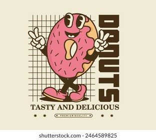 Diseño retro de la Ilustración vectorial del personaje del donut de la historieta para el diseño de la camiseta, póster, etiqueta engomada y etc