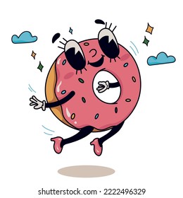 Retro cartoon donut isolated on a white background. 1930s comic cartoon sticker with contemporary comic book mascot sweets.