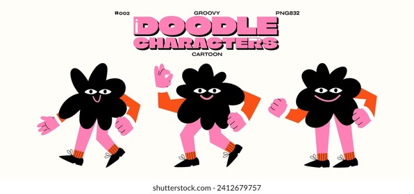 Retro cartoon doodle characters, gloved hands. abstract mascot with cute comic characters. Hand drawn funky comic characters. happy faces, blot shape