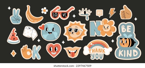 
Retro cartoon doodle illustration set. Trendy stickers bundle with flower, rainbow, Earth and other vintage comic characters and funny quotes. Vector illustration.
