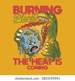 Retro Cartoon Dragon Devouring Earth Extreme Heat Illustration