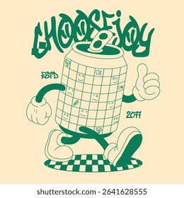 Retro Cartoon Drink Can Character. Vintage Motivational Poster with Choose Joy Text for T-Shirt or Wall Art