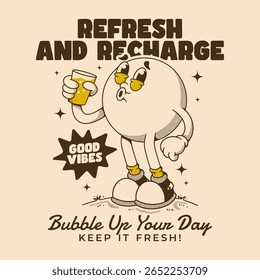 Design de Ilustração de Personagem de Bebida de Cartoon Retro com Slogan de Atualização e Recarga
