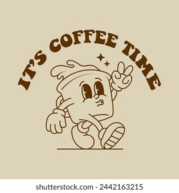 Retro cartoon drink poster. Cafe menu cover with funny mascot and groovy 70s 80s style mascot. Vector coffee to go menu with cute mascot