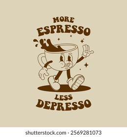 Retro cartoon drink poster. Cafe menu cover with funny mascot and groovy 70s 80s style mascot. Vector coffee to go menu with cute mascot