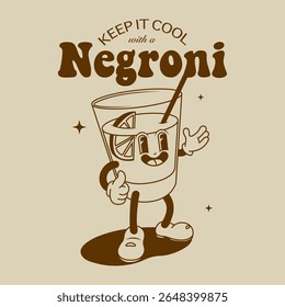 Retro cartoon drink poster. Cafe menu cover with funny mascot and groovy 70s 80s style mascot. Vector negroni to go menu with cute mascot