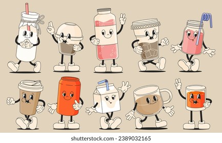 Retro cartoon drinks. Groovy 80s 90s alcohol beverage funny characters. Cartoon colorful alcohol for bar cafe restaurant, alcohol concept. Vector set. Plastic cups for milk, coffee and tea