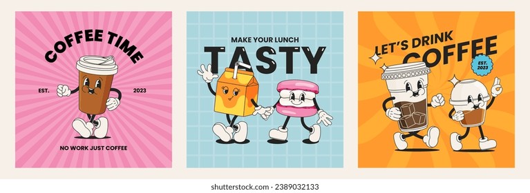 Retro cartoon drinks posters. Cafe menu cover with funny mascots and groovy 70s 80s style mascots. Vector coffee to go menu with cute mascots set. Smiling macaroon and milk with straw