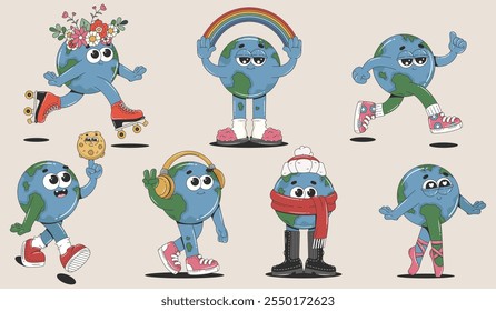 Retro cartoon Earth characters. Set of vintage groovy stickers for Earth or World Environment Day. 60s, 70s style.