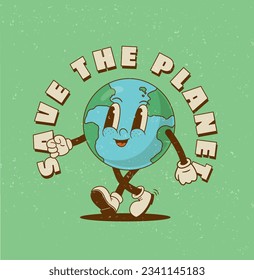 Retro cartoon Earth globe character mascot vector illustration. Save the planet eco poster, banner, print. Environment day. Ecology protect