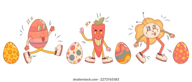 Retro cartoon easter characetr eggs, flower and carrot. Easter character in trendy retro style. Eggs with wave and star. Cartoon vector illustration.