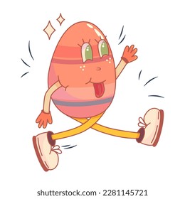 Retro cartoon easter characetr eggs. Easter character in trendy retro style. Eggs with face and feet. Cartoon vector illustration