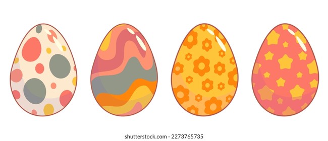 Retro cartoon easter eggs in trendy retro style. Eggs with wave and star, flower. Cartoon vector illustration