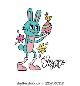 Retro cartoon Easter Hunny Bunny character holding big painet egg and chicken. Spring holiday concept in trendy retro 80s 70s cartoon style. Vector doodle drawn illustration