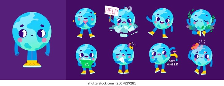 Retro cartoon eco mascot. Vector set with funny earth planet. World globe with cute face pose bundle.