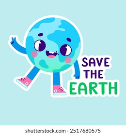 Pegatina eco de dibujos animados retro con tierra linda. Ilustración ecológica con globo de tierra estupenda para niños.