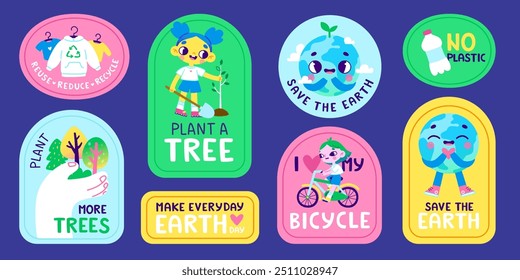 Retro cartoon eco stickers set. Vector colorful badge bundle about saving earth for kids.