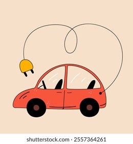 Retro cartoon electric car isolated. Sustainable life concept. Vector hand drawn illustration.