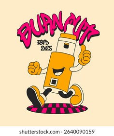 Retro Cartoon Electric Vape Character. Vintage Motivational Poster with Burn Out Text for T-Shirt or Wall Art