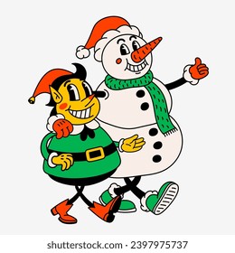 Caricature rétro Elf et bonhomme de neige Groovy vintage années 70 drôles Elf et bonhomme de neige marchant bras armé