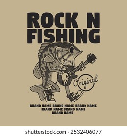 retro cartoon emblem of bass fish playing guitar