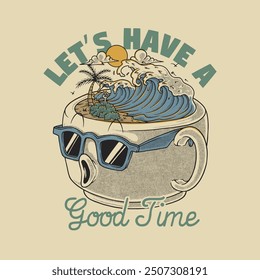retro cartoon emblem of beach waves in the cup