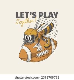 retro cartoon emblem of bee american football player